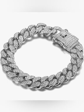 Men's White Gold Plated Cuban Link Bracelet with Pavé Stones